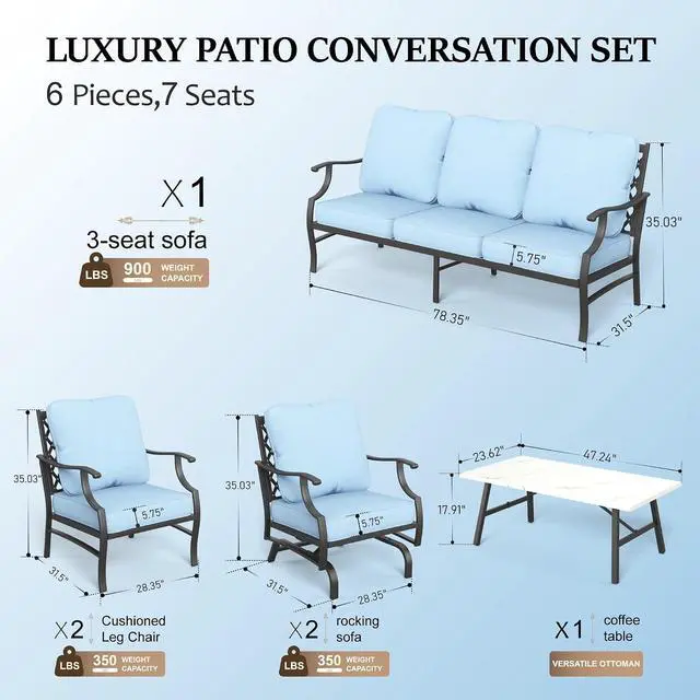 Alt view image 6 of 7 - HERA'S HOUSE 6-Piece Metal Wrought Iron Outdoor Conversation Set, 7 Seats | Blue Leg Chair + Rocker, Coffee Table, Single chairs could support up to 350lbs