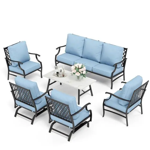 Alt view image 7 of 7 - HERA'S HOUSE 6-Piece Metal Wrought Iron Outdoor Conversation Set, 7 Seats | Blue Leg Chair + Rocker, Coffee Table, Single chairs could support up to 350lbs