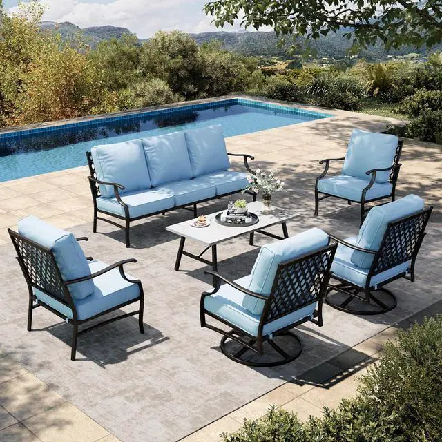Main image of HERA'S HOUSE 6-Piece Metal Wrought Iron Outdoor Conversation Set, 7 Seats | Blue Leg Chair + Swivel Chair, Coffee Table, Single chairs could support up to 350lbs