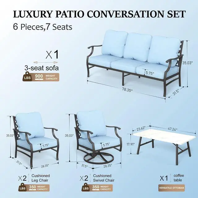 Alt view image 6 of 7 - HERA'S HOUSE 6-Piece Metal Wrought Iron Outdoor Conversation Set, 7 Seats | Blue Leg Chair + Swivel Chair, Coffee Table, Single chairs could support up to 350lbs