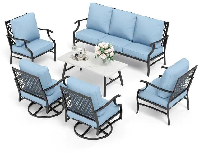 Alt view image 7 of 7 - HERA'S HOUSE 6-Piece Metal Wrought Iron Outdoor Conversation Set, 7 Seats | Blue Leg Chair + Swivel Chair, Coffee Table, Single chairs could support up to 350lbs