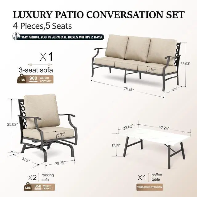 Alt view image 6 of 7 - HERA'S HOUSE 4-Piece Metal Outdoor Conversation Set, 5 Seats, Beige Rocker | Coffee Table, Single chairs could support up to 350lbs