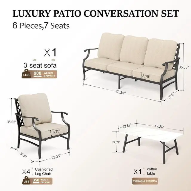 Alt view image 6 of 7 - HERA'S HOUSE 6-Piece Metal Outdoor Conversation Set, 7 Seats | Beige Leg Chair, Coffee Table, Single chairs could support up to 350lbs