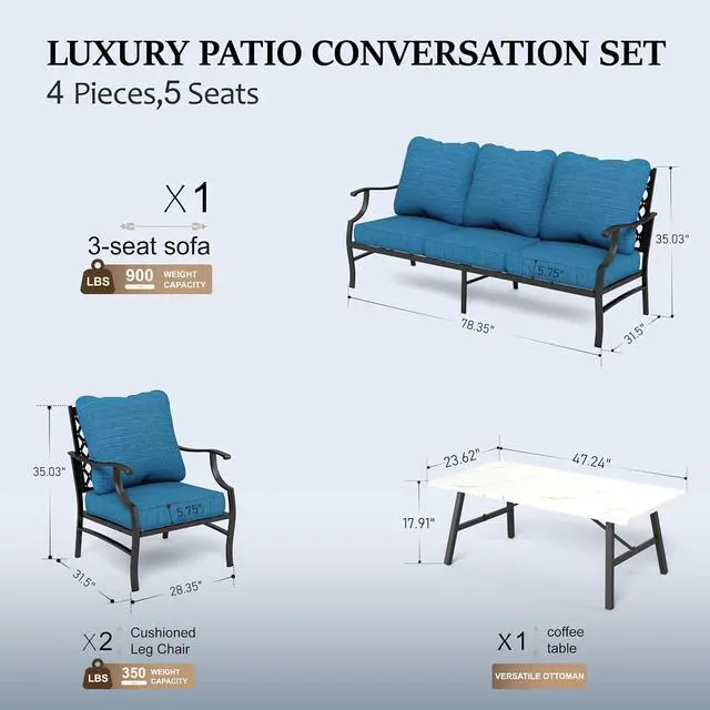 Alt view image 6 of 6 - HERA'S HOUSE 4-Piece Metal Outdoor Conversation Set, 5 Seats | Pacific Blue Leg Chair, Coffee Table, Single chairs could support up to 350lbs