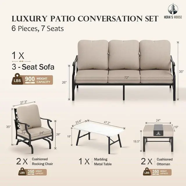 Alt view image 6 of 7 - HERA'S HOUSE 6-Piece Patio Conversation Set, 7-Seat, Modular Design, Beige | 2 Ottomans, 1 3-Seat Sofa, Coffee Table, Ottomans, All-Weather, For Garden, Deck, Backyard
