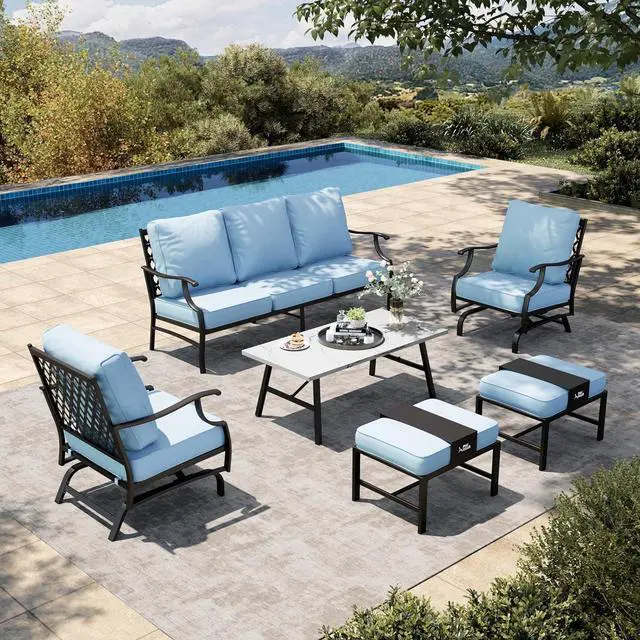 Main image of HERA'S HOUSE 6 PCS Patio Furniture Set, 2 x Rocking Cushioned Chair, Blue | 7 Seats-style 1 Size, Blue Rocker + Ottoman Color, Conversational Style