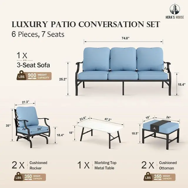 Alt view image 6 of 7 - HERA'S HOUSE 6 PCS Patio Furniture Set, 2 x Rocking Cushioned Chair, Blue | 7 Seats-style 1 Size, Blue Rocker + Ottoman Color, Conversational Style