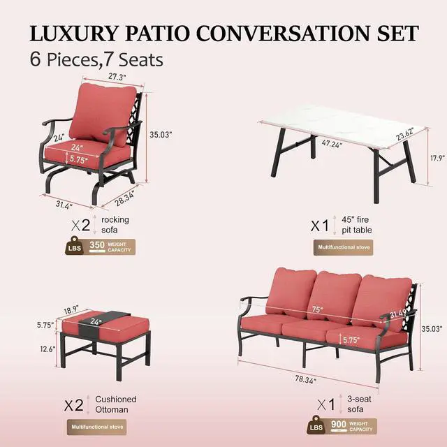 Alt view image 6 of 6 - HERA'S HOUSE 6-Piece Wrought Iron Outdoor Conversation Set, 7 Seats | Red Rocker + Ottoman, Coffee Table, Single chairs could support up to 350lbs