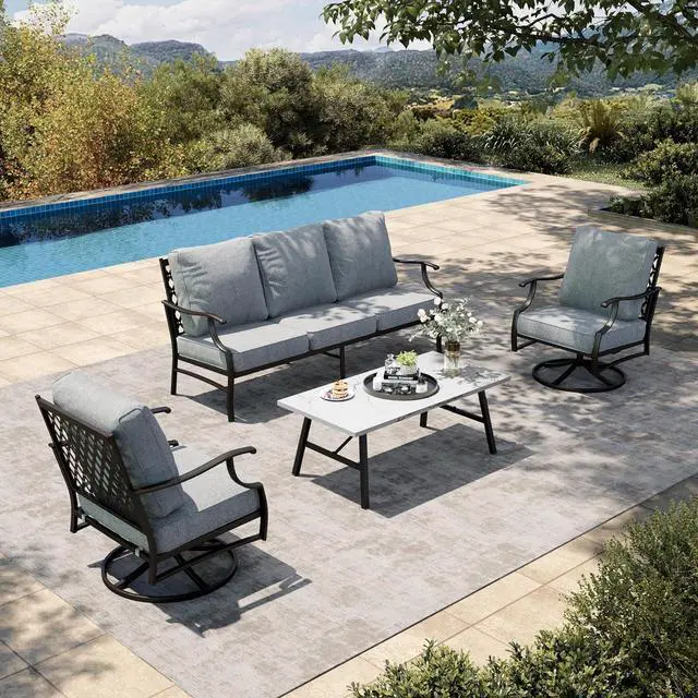 Main image of HERA'S HOUSE 4-Piece Metal Wrought Iron Outdoor Conversation Set, 5 Seats | Gray Swivel Chair, Coffee Table, Single chairs could support up to 350lbs