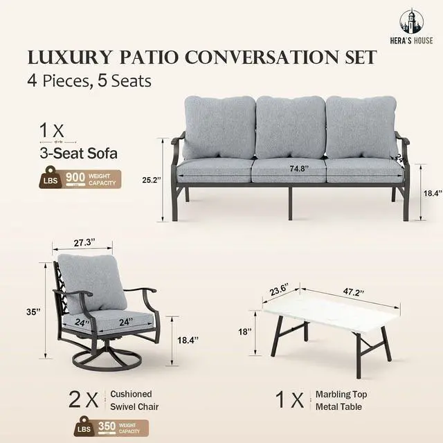 Alt view image 6 of 7 - HERA'S HOUSE 4-Piece Metal Wrought Iron Outdoor Conversation Set, 5 Seats | Gray Swivel Chair, Coffee Table, Single chairs could support up to 350lbs