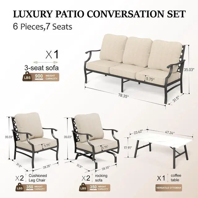 Alt view image 6 of 7 - HERA'S HOUSE 6-Piece Metal Wrought Iron Outdoor Conversation Set, 7 Seats | Beige Leg Chair + Rocker, Coffee Table, Single chairs could support up to 350lbs