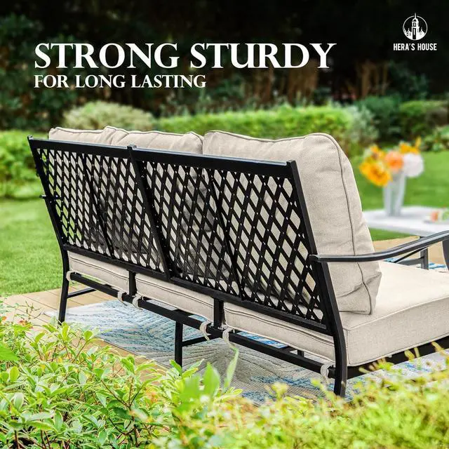 Alt view image 7 of 7 - HERA'S HOUSE 6-Piece Metal Wrought Iron Outdoor Conversation Set, 7 Seats | Beige Leg Chair + Rocker, Coffee Table, Single chairs could support up to 350lbs