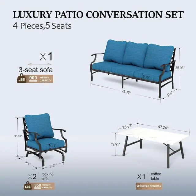 Alt view image 6 of 6 - HERA'S HOUSE 4-Piece Metal Outdoor Conversation Set, 5 Seats | Pacific Blue Rocker, Coffee Table, Single chairs could support up to 350lbs