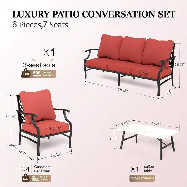 Alt view image 6 of 7 - HERA'S HOUSE 6 Piece Patio Furniture Set, 4 x Fixed Metal Cushioned Chair, 1 x 3-Seat Sofa with Marbling Coffee Table, Outdoor Conversation Set for Lawn Garden Backyard, Red