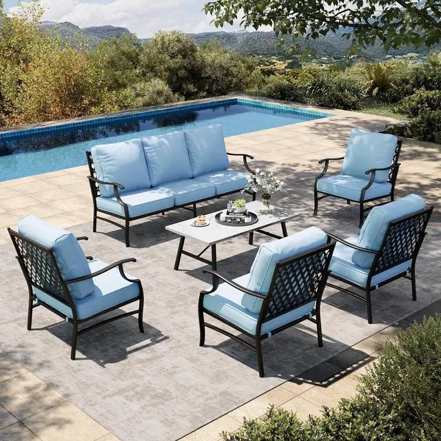 Main image of HERA'S HOUSE 6-Piece Metal Outdoor Conversation Set, 7 Seats | Blue Leg Chair, Coffee Table, Single chairs could support up to 350lbs