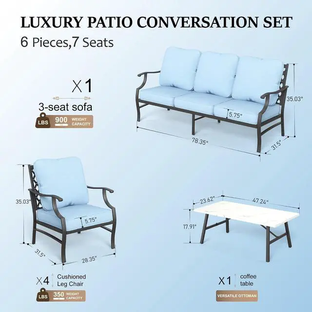 Alt view image 6 of 7 - HERA'S HOUSE 6-Piece Metal Outdoor Conversation Set, 7 Seats | Blue Leg Chair, Coffee Table, Single chairs could support up to 350lbs