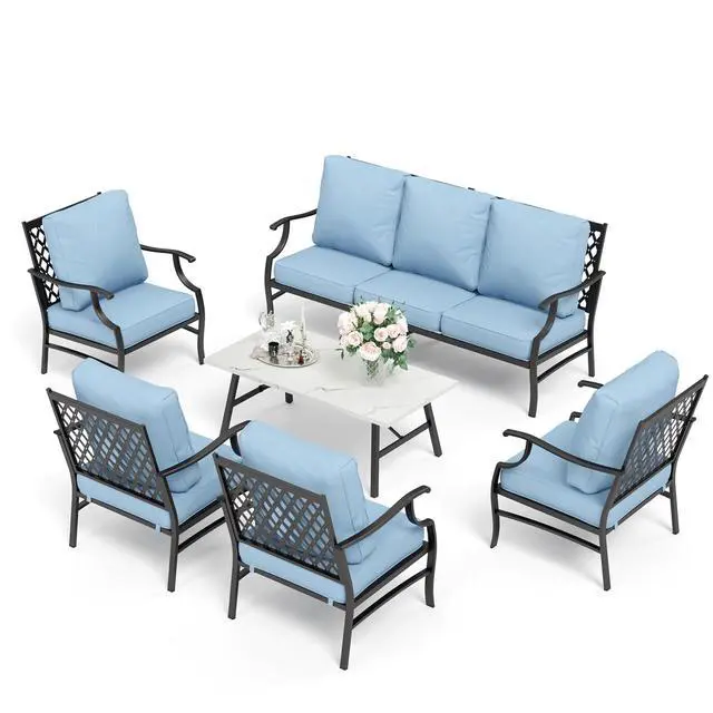 Alt view image 7 of 7 - HERA'S HOUSE 6-Piece Metal Outdoor Conversation Set, 7 Seats | Blue Leg Chair, Coffee Table, Single chairs could support up to 350lbs