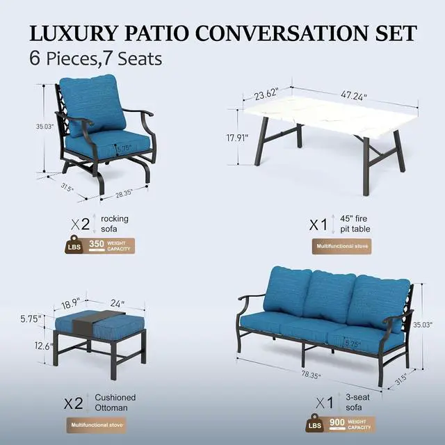 Alt view image 6 of 6 - HERA'S HOUSE 6-Piece Wrought Iron Outdoor Conversation Set, 7 Seats | Pacific Blue Rocker + Ottoman, Coffee Table, Single chairs could support up to 350lbs