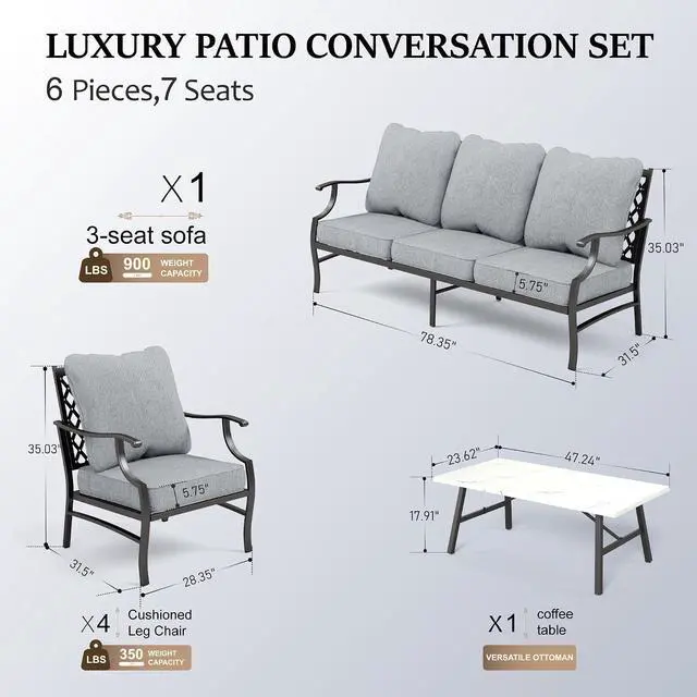 Alt view image 6 of 7 - HERA'S HOUSE 6-Piece Metal Outdoor Conversation Set, 7 Seats | Gray Leg Chair, Coffee Table, Single chairs could support up to 350lbs