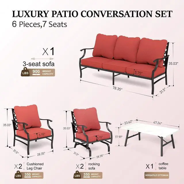 Alt view image 6 of 7 - HERA'S HOUSE 6-Piece Metal Wrought Iron Outdoor Conversation Set, 7 Seats | Red Leg Chair + Rocker, Coffee Table, Single chairs could support up to 350lbs
