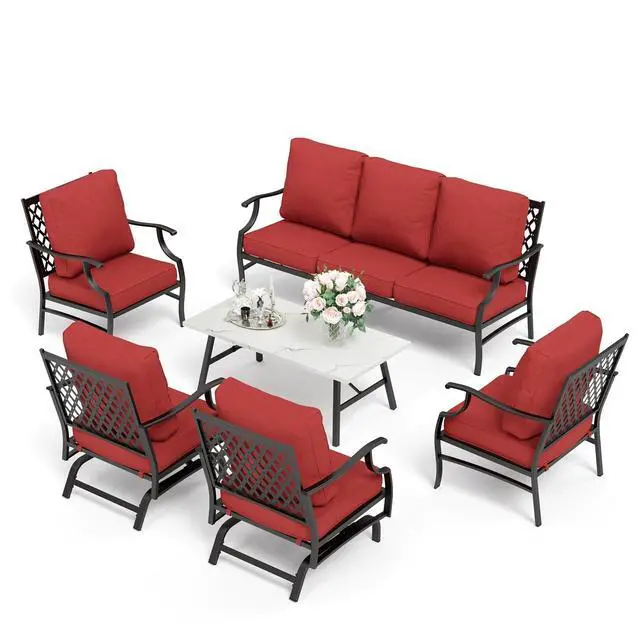 Alt view image 7 of 7 - HERA'S HOUSE 6-Piece Metal Wrought Iron Outdoor Conversation Set, 7 Seats | Red Leg Chair + Rocker, Coffee Table, Single chairs could support up to 350lbs