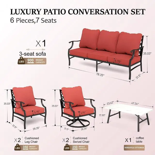 Alt view image 6 of 7 - HERA'S HOUSE 6-Piece Metal Wrought Iron Outdoor Conversation Set, 7 Seats | Red Leg Chair + Swivel Chair, Coffee Table, Single chairs could support up to 350lbs