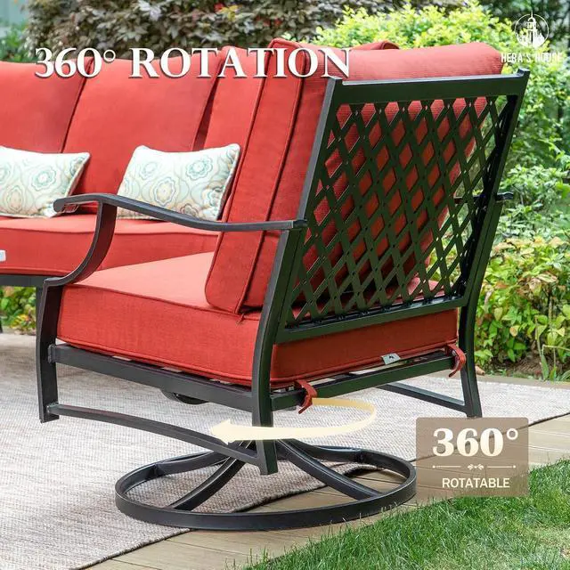 Alt view image 5 of 7 - HERA'S HOUSE 6-Piece Metal Wrought Iron Outdoor Conversation Set, 7 Seats | Red Leg Chair + Swivel Chair, Coffee Table, Single chairs could support up to 350lbs