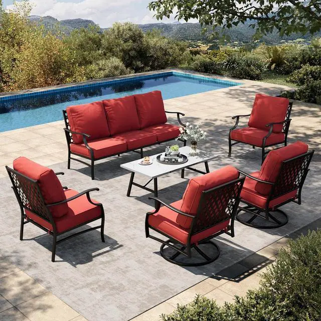 Main image of HERA'S HOUSE 6-Piece Metal Wrought Iron Outdoor Conversation Set, 7 Seats | Red Leg Chair + Swivel Chair, Coffee Table, Single chairs could support up to 350lbs