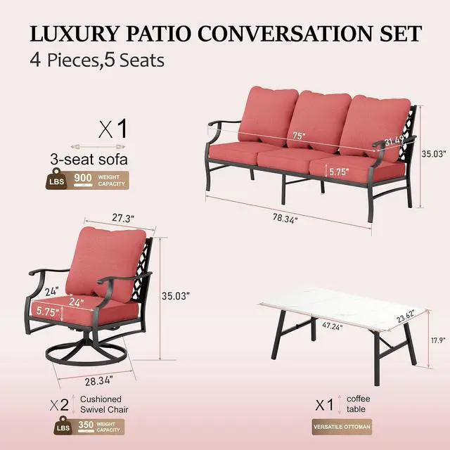 Alt view image 6 of 6 - HERA'S HOUSE 4-Piece Metal Wrought Iron Outdoor Conversation Set, 5 Seats | Red Swivel Chair, Coffee Table, Single chairs could support up to 350lbs