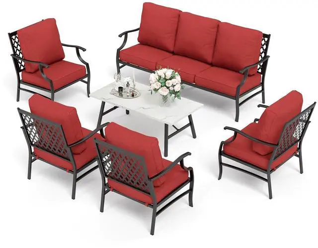 Alt view image 7 of 7 - HERA'S HOUSE 6 Piece Patio Furniture Set, 4 x Fixed Metal Cushioned Chair, 1 x 3-Seat Sofa with Marbling Coffee Table, Outdoor Conversation Set for Lawn Garden Backyard, Red