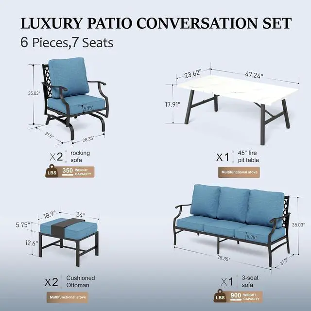 Alt view image 6 of 6 - HERA'S HOUSE 6-Piece Wrought Iron Outdoor Conversation Set, 7 Seats | Navy Blue Rocker + Ottoman, Coffee Table, Single chairs could support up to 350lbs