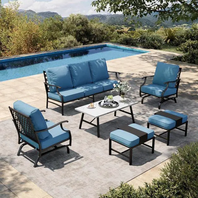 Main image of HERA'S HOUSE 6-Piece Wrought Iron Outdoor Conversation Set, 7 Seats | Navy Blue Rocker + Ottoman, Coffee Table, Single chairs could support up to 350lbs