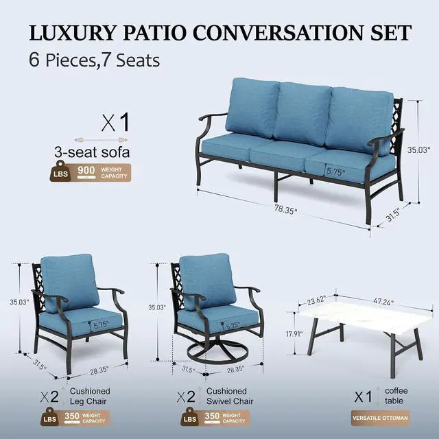Alt view image 6 of 7 - HERA'S HOUSE 6-Piece Metal Wrought Iron Outdoor Conversation Set, 7 Seats | Navy Blue Leg Chair + Swivel Chair, Coffee Table, Single chairs could support up to 350lbs