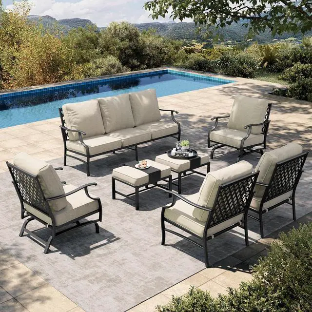 Main image of HERA'S HOUSE 7-Piece Patio Conversation Set, 9-Seat, Rocking Chairs, Beige | 2 Rocking Chairs, 2 Ottomans, 1 3-Seat Sofa, Ottomans, Modular Design, All-Weather, For Garden, Deck, Backyard