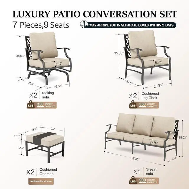 Alt view image 6 of 7 - HERA'S HOUSE 7-Piece Patio Conversation Set, 9-Seat, Rocking Chairs, Beige | 2 Rocking Chairs, 2 Ottomans, 1 3-Seat Sofa, Ottomans, Modular Design, All-Weather, For Garden, Deck, Backyard