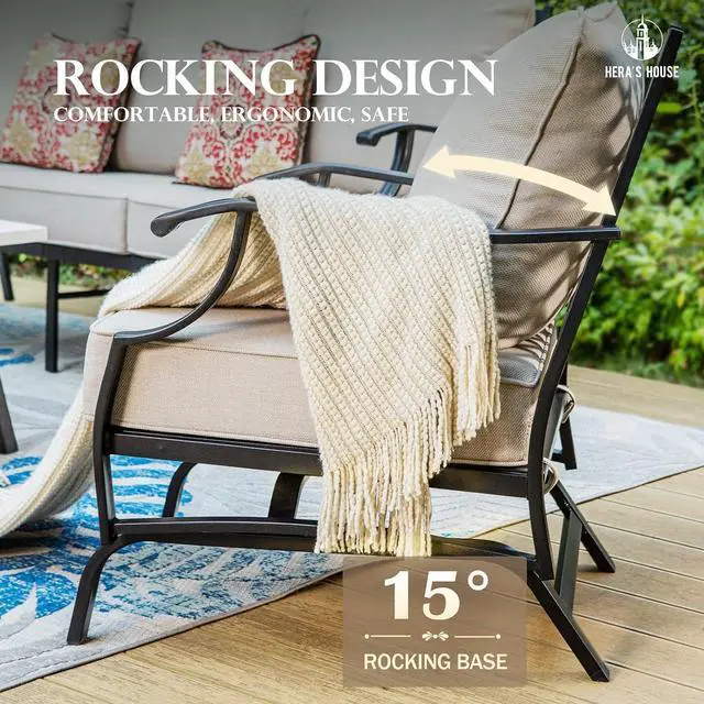 Alt view image 7 of 7 - HERA'S HOUSE 7-Piece Patio Conversation Set, 9-Seat, Rocking Chairs, Beige | 2 Rocking Chairs, 2 Ottomans, 1 3-Seat Sofa, Ottomans, Modular Design, All-Weather, For Garden, Deck, Backyard