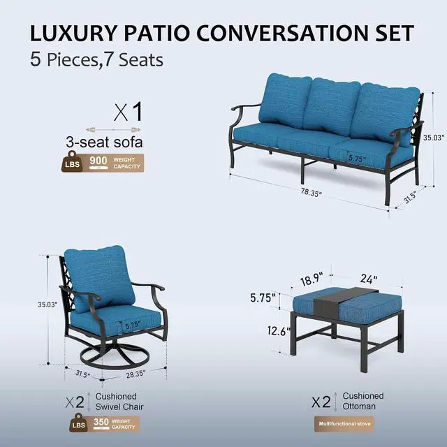Alt view image 7 of 7 - HERA'S HOUSE 5-Piece Metal Outdoor Conversation Set, 7 Seats | Pacific Blue Swivel Chair + Ottoman, Single chairs could support up to 350lbs