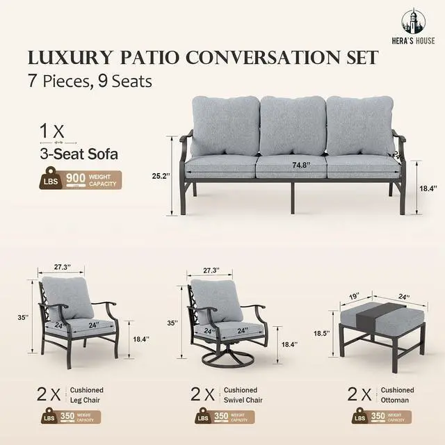 Alt view image 6 of 7 - HERA'S HOUSE 7-Piece Patio Conversation Set, 9-Seat, Swivel Chairs, Grey | 2 Swivel Chairs, 2 Ottomans, 1 3-Seat Sofa, Ottomans, Modular Design, All-Weather, For Garden, Deck, Backyard