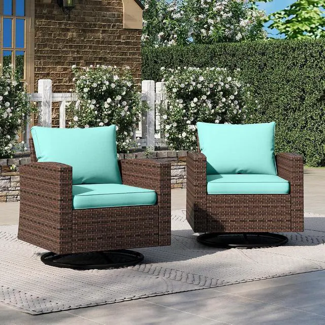 Main image of HERA'S HOUSE Patio Wicker Chairs Swivel Rocker Chairs Set of 2 | With 4" Waterproof Cushions, Patio Swivel Glider Chair, Deck Porch Pool Furniture, Brown/Blue