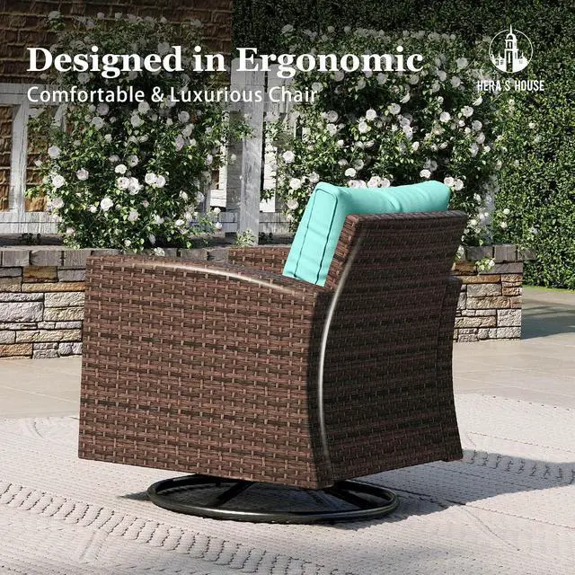 Alt view image 4 of 7 - HERA'S HOUSE Patio Wicker Chairs Swivel Rocker Chairs Set of 2 | With 4" Waterproof Cushions, Patio Swivel Glider Chair, Deck Porch Pool Furniture, Brown/Blue