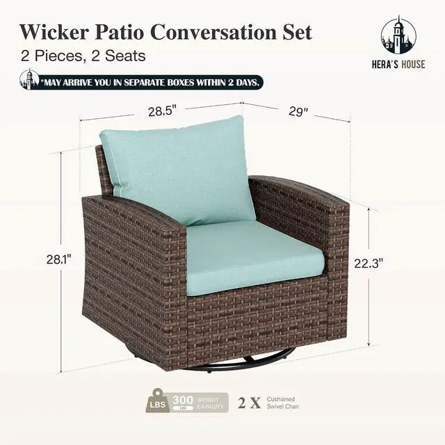 Alt view image 6 of 7 - HERA'S HOUSE Patio Wicker Chairs Swivel Rocker Chairs Set of 2 | With 4" Waterproof Cushions, Patio Swivel Glider Chair, Deck Porch Pool Furniture, Brown/Blue