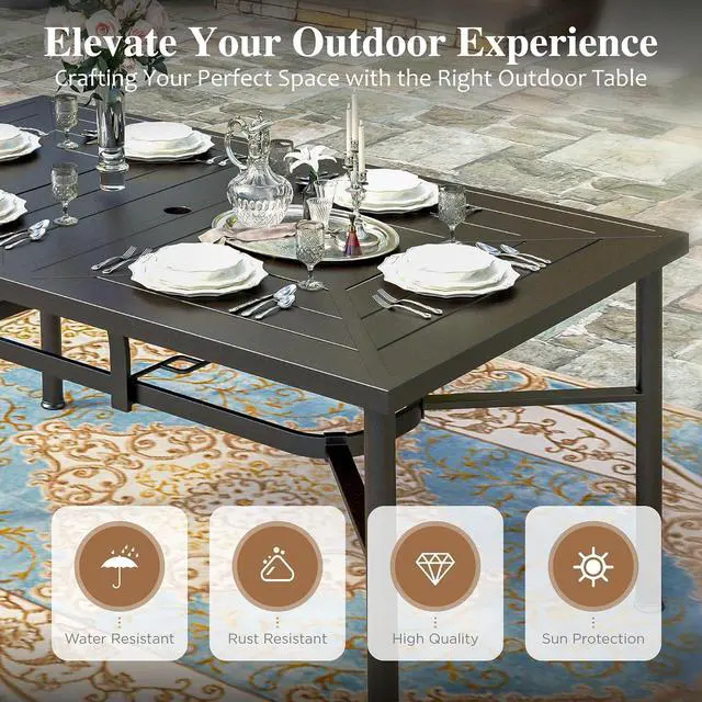 Alt view image 4 of 7 - HERA'S HOUSE 7pc Patio Dining Set for 6, Textilene Chairs, Blue | 64" rectangular metal table with umbrella hole. Waterproof, rust-resistant, all-weather for outdoor backyard, porch