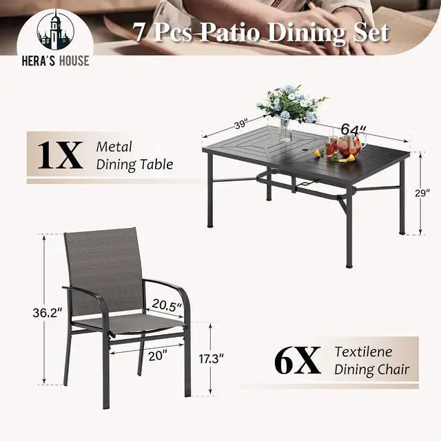 Alt view image 6 of 7 - HERA'S HOUSE 7pc Patio Dining Set for 6, Textilene Chairs, Grey | 64" rectangular metal table with umbrella hole. Waterproof, rust-resistant, all-weather for outdoor backyard, porch