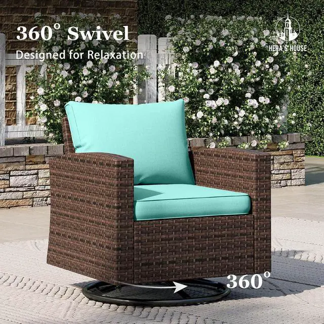 Alt view image 4 of 7 - HERA'S HOUSE Patio Conversation Sets with Swivel Glide Chairs, Outdoor Wicker Furniture Outside Sofa Sets with 4" Thick Cushions for Backyard Deck Porch,Blue