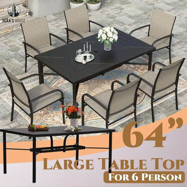 Alt view image 5 of 7 - HERA'S HOUSE 7pc Patio Dining Set for 6, Textilene Chairs, Grey | 64" rectangular metal table with umbrella hole. Waterproof, rust-resistant, all-weather for outdoor backyard, porch