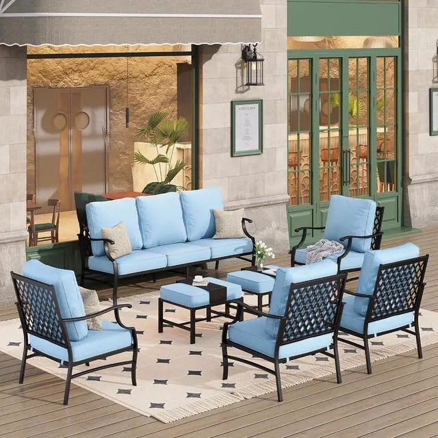 Main image of HERA'S HOUSE 7-Piece Metal Patio Conversation Set, 9-Seat, Modular Design | Blue, 2 Ottomans, 1 3-Seat Sofa, Ottomans, All-Weather, For Garden, Deck, Backyard
