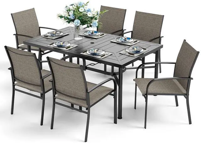 Main image of HERA'S HOUSE 7pc Patio Dining Set for 6, Textilene Chairs, Grey | 64" rectangular metal table with umbrella hole. Waterproof, rust-resistant, all-weather for outdoor backyard, porch