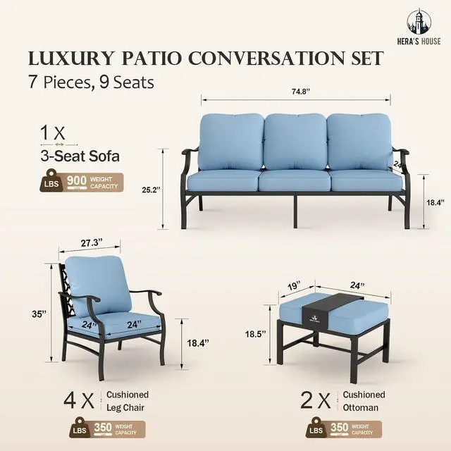 Alt view image 6 of 7 - HERA'S HOUSE 7-Piece Metal Patio Conversation Set, 9-Seat, Modular Design | Blue, 2 Ottomans, 1 3-Seat Sofa, Ottomans, All-Weather, For Garden, Deck, Backyard