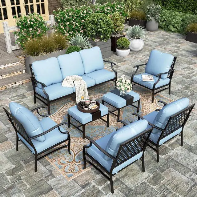 Alt view image 7 of 7 - HERA'S HOUSE 7-Piece Metal Patio Conversation Set, 9-Seat, Modular Design | Blue, 2 Ottomans, 1 3-Seat Sofa, Ottomans, All-Weather, For Garden, Deck, Backyard