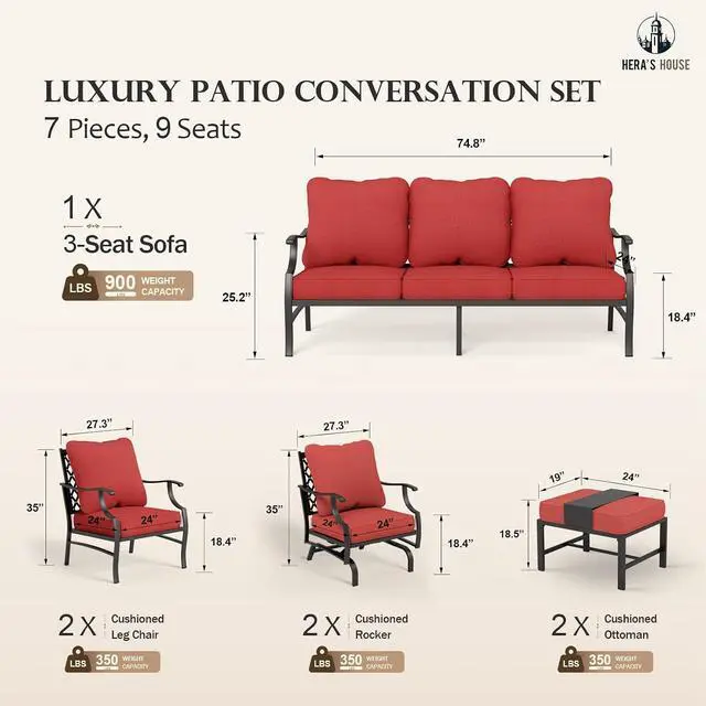 Alt view image 6 of 7 - HERA'S HOUSE 7-Piece Metal Patio Conversation Set, 7-Seat, Swivel Chairs | Red, 2 Swivel Chairs, 2 Chairs, 2 Ottomans, 1 3-Seat Sofa, Ottomans, For Garden, Backyard